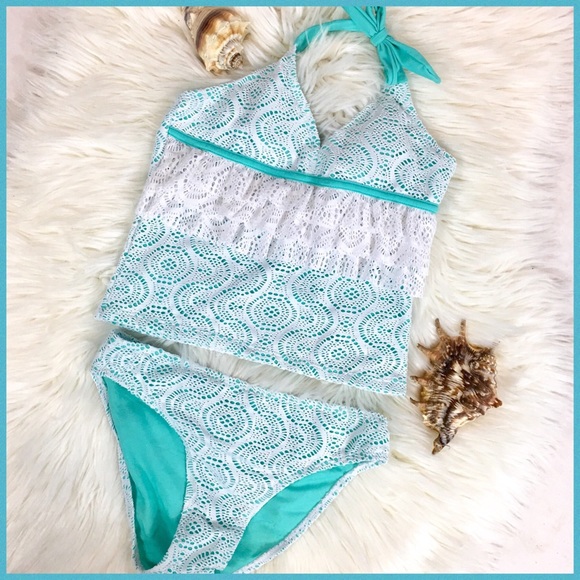 Envya Swimwear Crochet Ruffle Tankini Set Size 12 - Picture 2 of 6